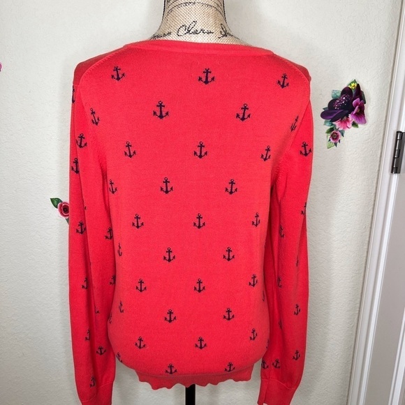 Tommy Hilfiger Button Down Red-Orange with Navy Anchors Sweater Cardigan Size M - Picture 5 of 8